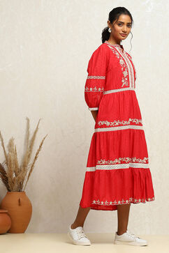 Cherry Red Pure Cotton Embroidered Tiered Dress image number 4