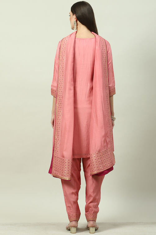 Pink LIVA Blend Straight Kurta Salwar Suit Set image number 4
