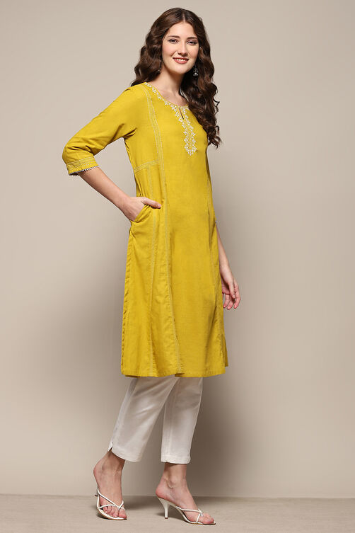 Lime Yellow Cotton Straight Kurta image number 4