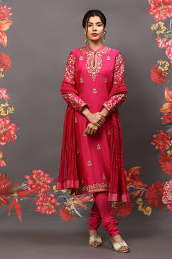 Rohit Bal Fuschia Cotton Blend Straight Kurta Suit Set image number 7