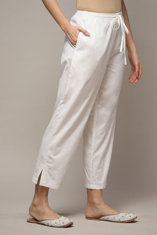 Off White Cotton Solid Pants image number 4