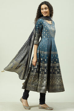 Blue Cotton Anarkali Kurta Churidar Suit Set image number 6