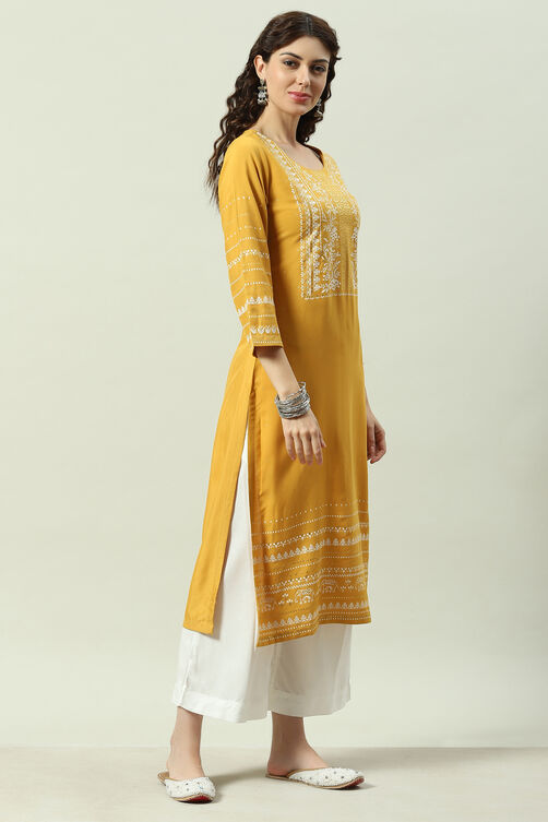 Mustard Printed Rayon Straight Kurta Palazzo Suit Set image number 5