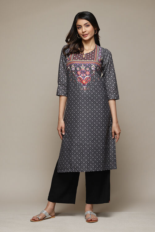 Black Cotton Straight Printed Kurta