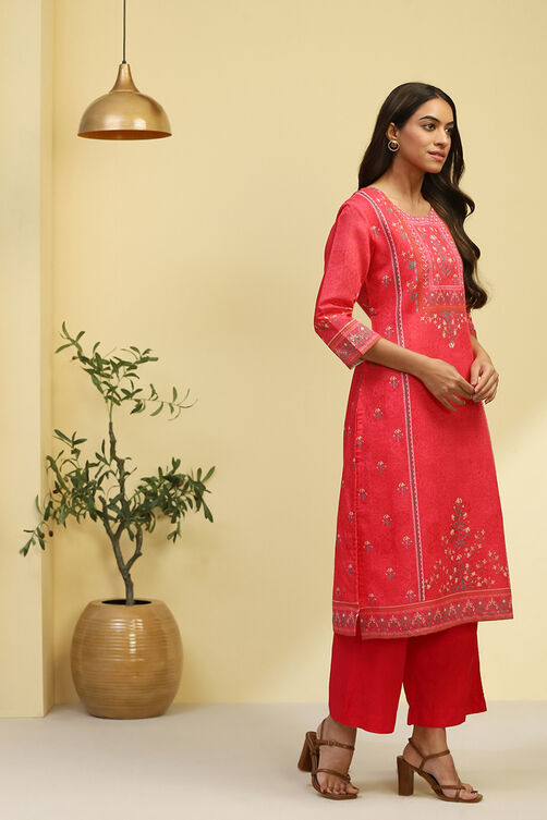 Pink Chanderi Printed Straight Kurta image number 4