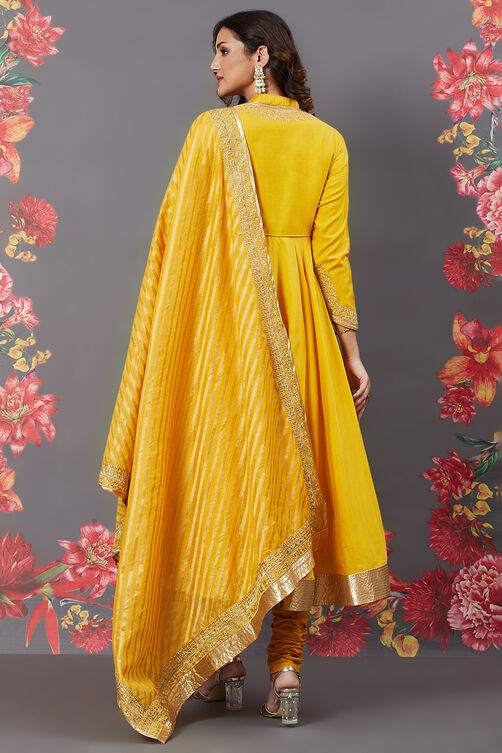 Rohit Bal Yellow Cotton Silk Anarkali image number 6