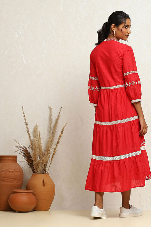 Cherry Red Pure Cotton Embroidered Tiered Dress image number 3