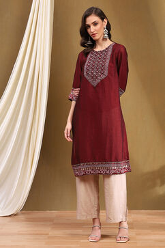 Maroon Silk Straight Kurta image number 0