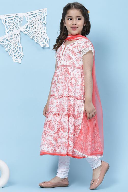 White And Pink Cotton Flared Kurta Churidar Suit Set image number 5