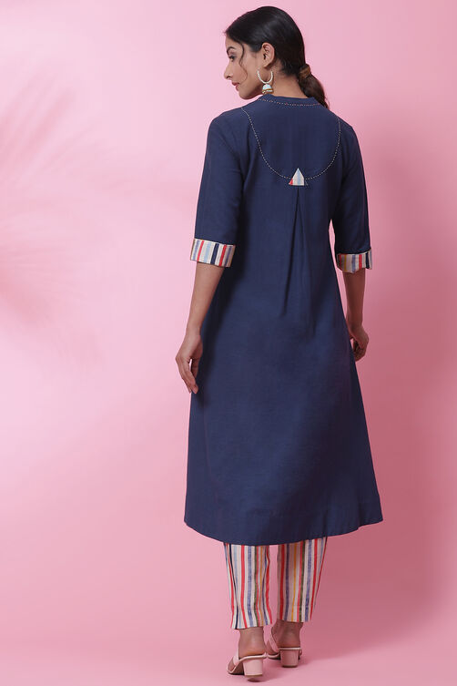 Navy Blue Rayon A-Line Kurta Slim Pant Suit Set image number 4