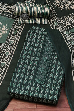 Green Cotton Screen Print Unstitched Suit Set image number 0