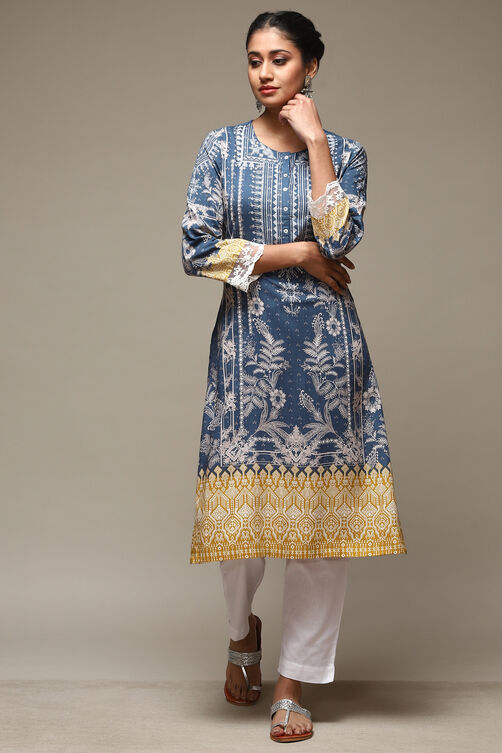 Olive LIVA Straight Printed Kurta image number 5