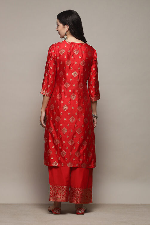 Red Cotton Blend Straight Yarndyed Kurta Palazzo Suit Set image number 5