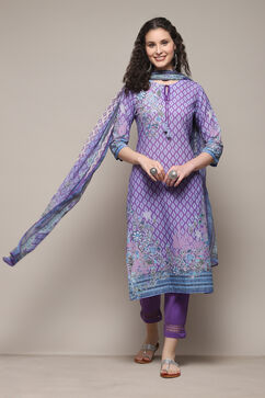 Lavendar Cotton Straight Printed Kurta Slim Pant Suit Set image number 7