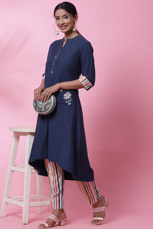 Navy Blue Rayon A-Line Kurta Slim Pant Suit Set image number 6