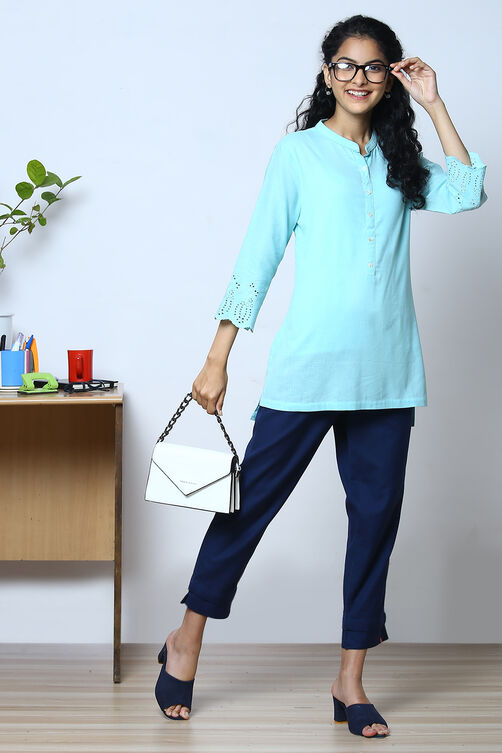 Mint Cotton Flax Short Solid Kurti image number 0