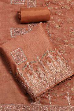 Rusty Red Chanderi Hand Embroidered Unstitched Suit Set image number 0