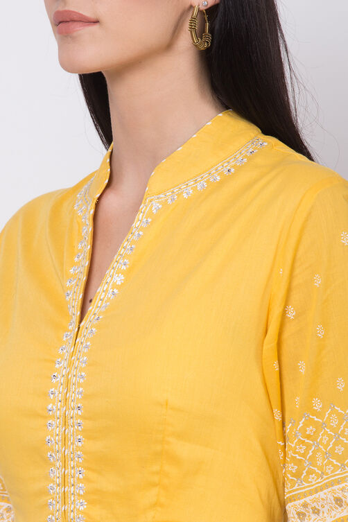 Yellow Cotton Anarkali Kurta Churidar Suit Set image number 1