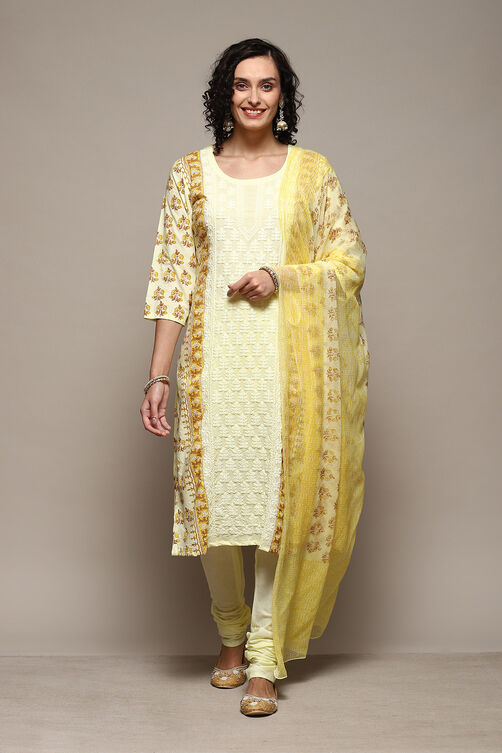 Yellow Cotton Handloom Unstitched Suit Set image number 8