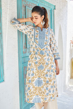 Off-white & Blue Cotton Floral Straight Kurta image number 0