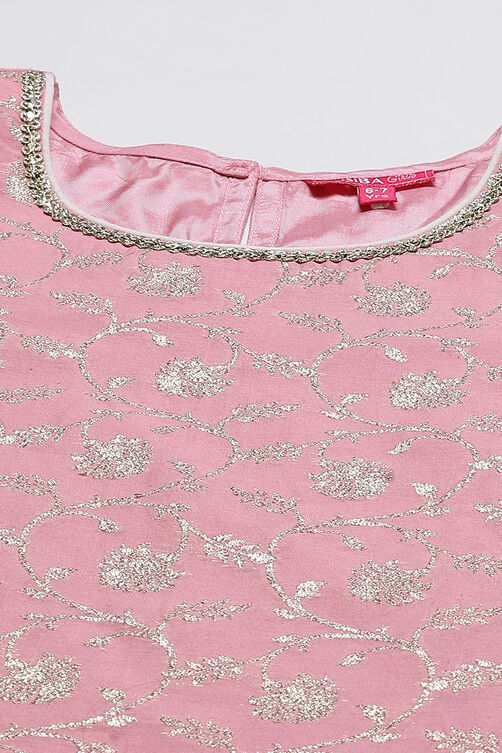 Pink Poly Metallic Cotton Girls Straight Kurta Sharara Suit Set image number 1