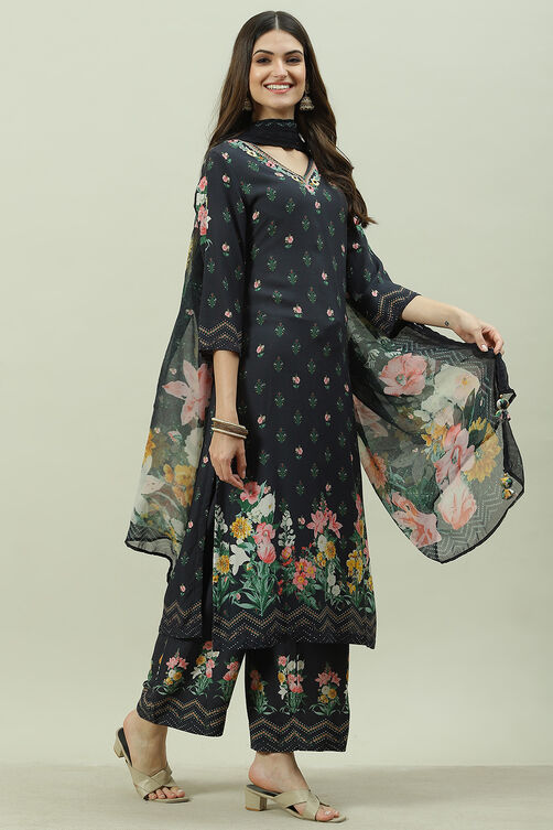 Black Rayon Printed Straight Pant Kurta Palazzo Suit Set image number 6