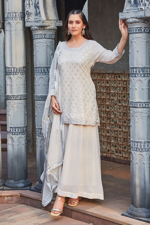 Off White Poly Georgette Straight Suit set image number 0