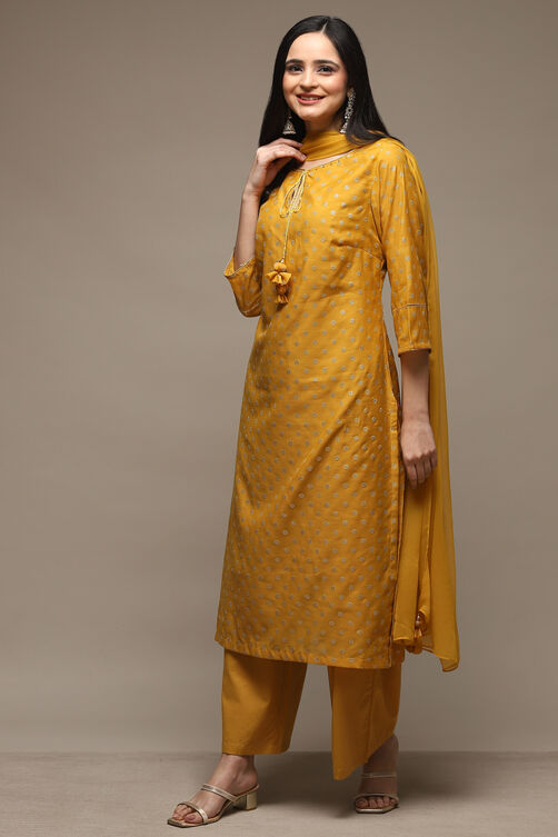 Yellow Cotton Blend Straight Kurta Palazzo Suit Set image number 3