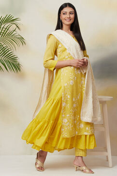 Lime Yellow Cotton Straight Kurta Slim Pant Suit Set image number 7