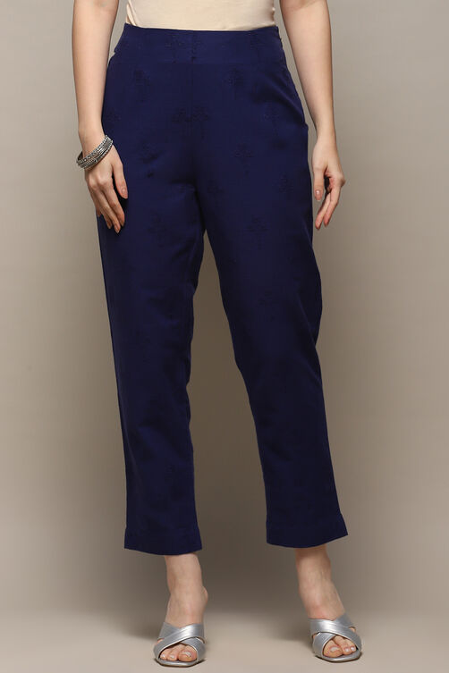 Indigo Blue Cotton Slim Embroidered Pants image number 4