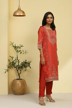 Rust Chanderi Printed Straight Kurta image number 4