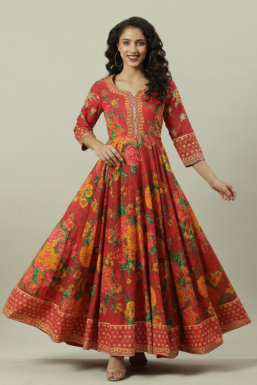 Buy Red Cotton Flared Fusion Printed Dress () for N/A0.0 | Biba India
