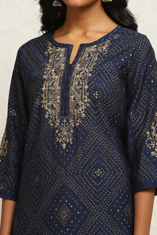 Indigo Modal Chanderi Bandhani Printed Straight Suit Set image number 1