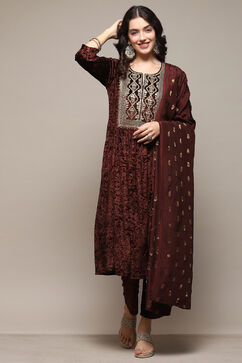 Brown Polyester Straight Embroidered Kurta Palazzo Suit Set image number 7