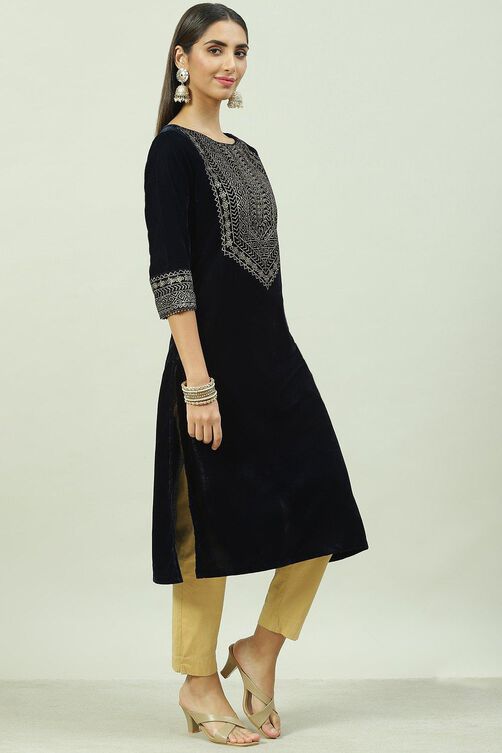 Navy Velvet Straight Printed Kurta image number 3