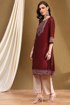 Maroon Silk Straight Kurta image number 2