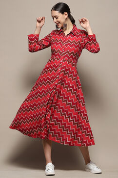 Maroon Chevron Block Printed Shirt-Style A-line Dress image number 0