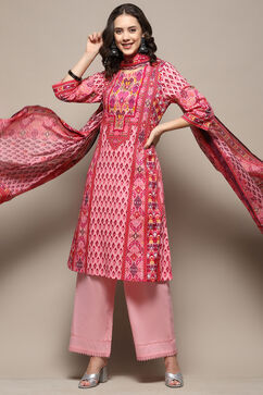 Pink Cotton Printed Straight Suit Set image number 0