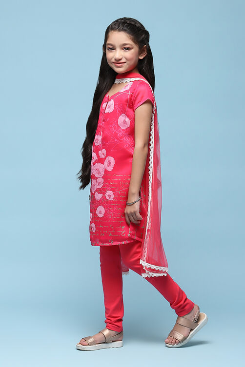 Pink Polyester Straight Printed Kurta Churidar Suit Set image number 5