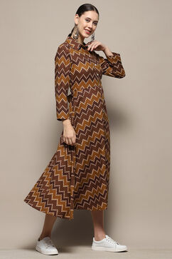 Brown Chevron Block Printed Shirt-Style A-line Dress image number 4