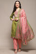 Green and Pink Cotton Blend Unstitched Suit Set image number 1