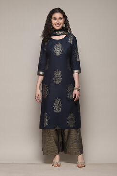 Navy Blue Cotton Straight Printed Kurta Capri Suit Set image number 7