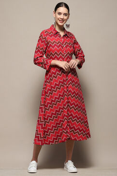 Maroon Chevron Block Printed Shirt-Style A-line Dress image number 5