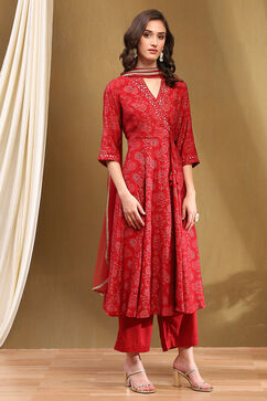 Red Polyester Blend Anarkali Suit Set image number 5