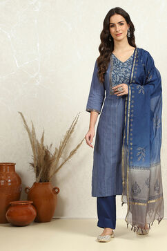 Dark Blue Flex Cotton Handloom Unstitched Suit Set image number 7