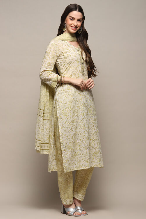 Off White Cotton Unstitched Suit set image number 7