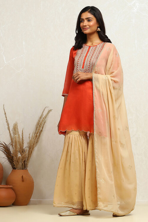 Orange Embroidered Festive Straight Suit Set image number 3