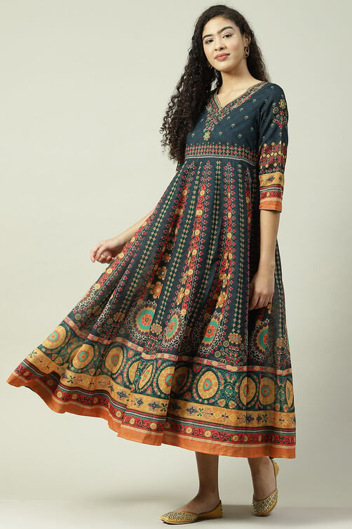 Teal Art Silk Flared Fusion Printed Dress at Biba India