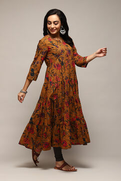 Mustard Cotton Flared Printed Dress image number 3