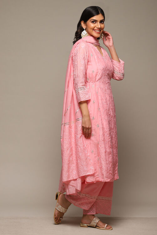 Pink Cotton Blend Layered Kurta Palazzo Suit Set image number 7